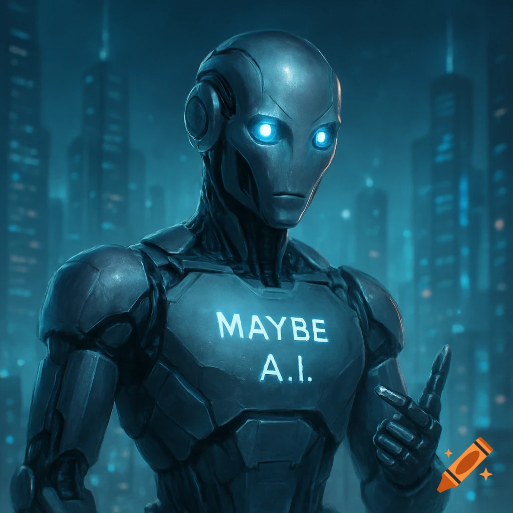 A dark, futuristic robot with glowing blue eyes and "MAYBE A.I." on its chest stands in a neon-lit city.