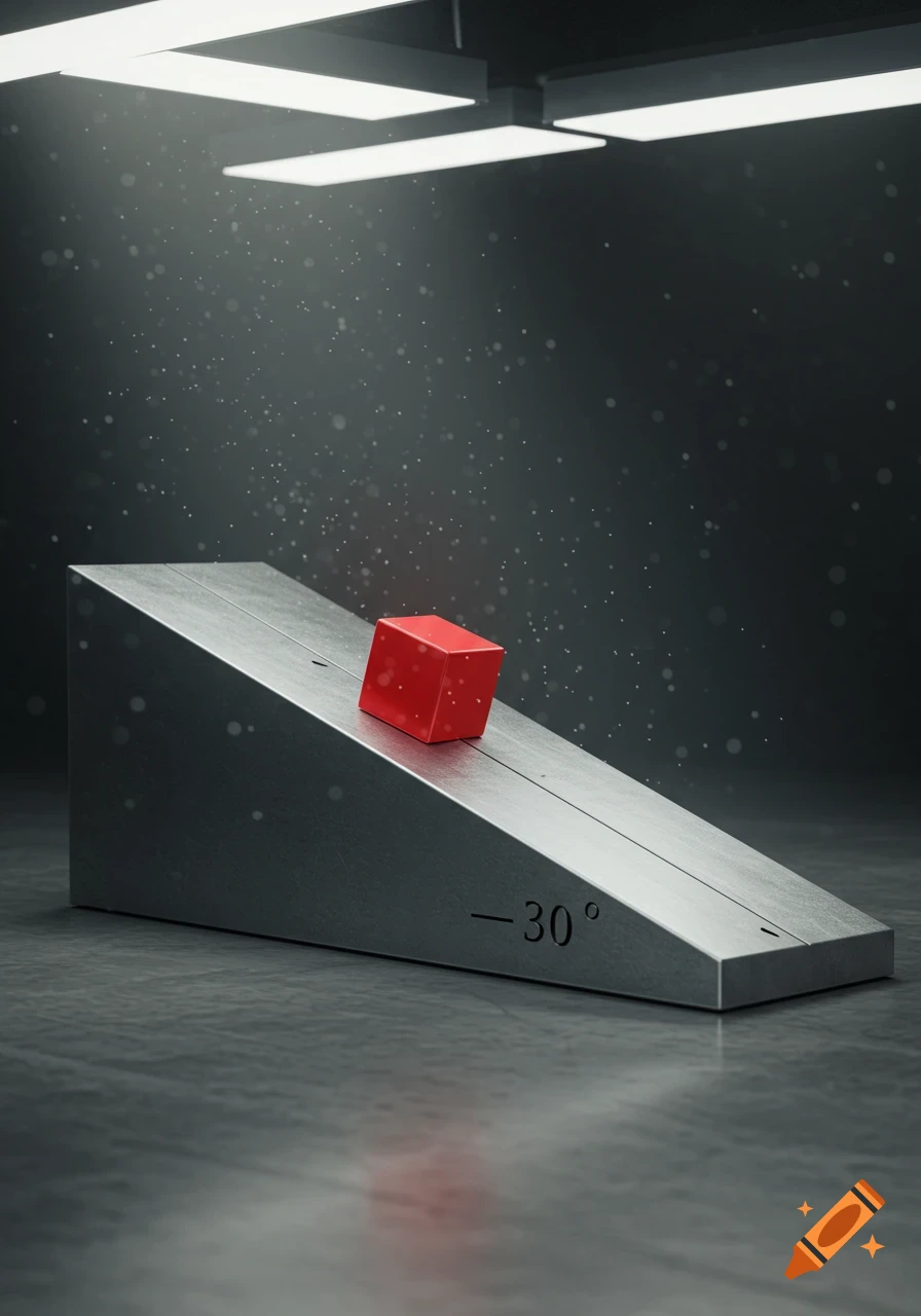 A red cube rests on a metallic inclined plane with '-300' marked on it, under bright lights, against a dark background, in a photorealistic style.