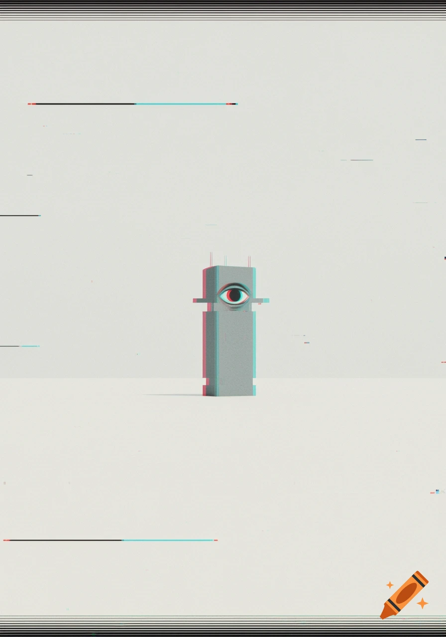 A minimalist, glitch art image of a gray block resembling the letter 'i' with a human eye embedded in its top, on a stark white background.