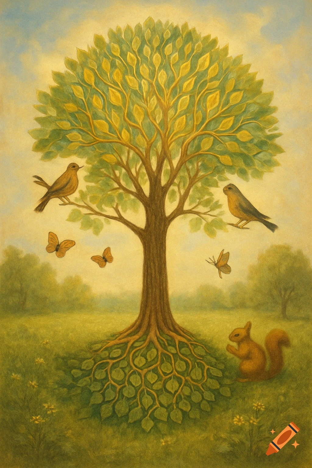 A painterly illustration of a tree with root patterns, two birds, three butterflies, and a squirrel in a green field under a light sky.