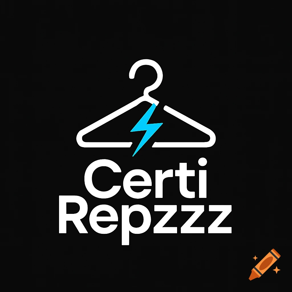 A white clothing hanger logo with a blue lightning bolt and the words "Certi Repzzz" on a black background.
