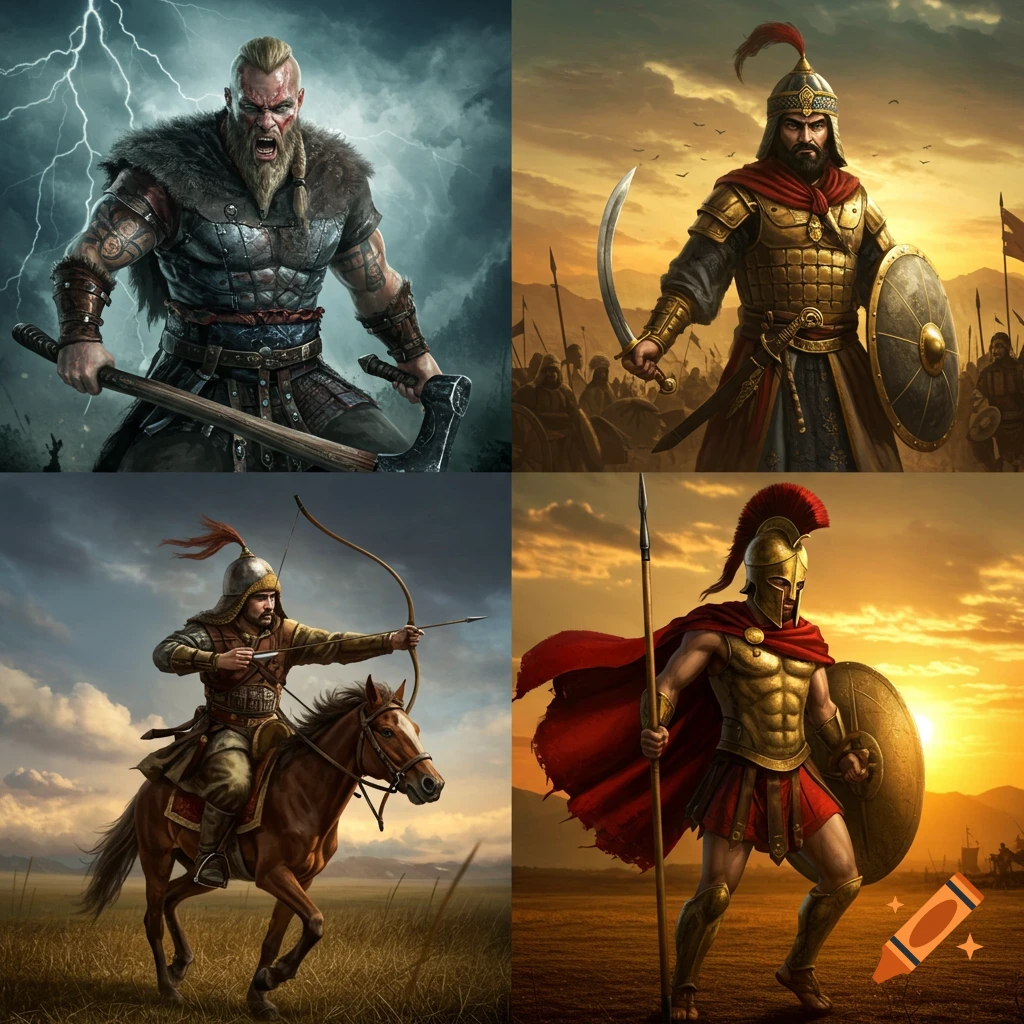A powerful Viking, Mamluk, Mongol horse archer, and Spartan warrior in a grid, depicted in a realistic digital art style.