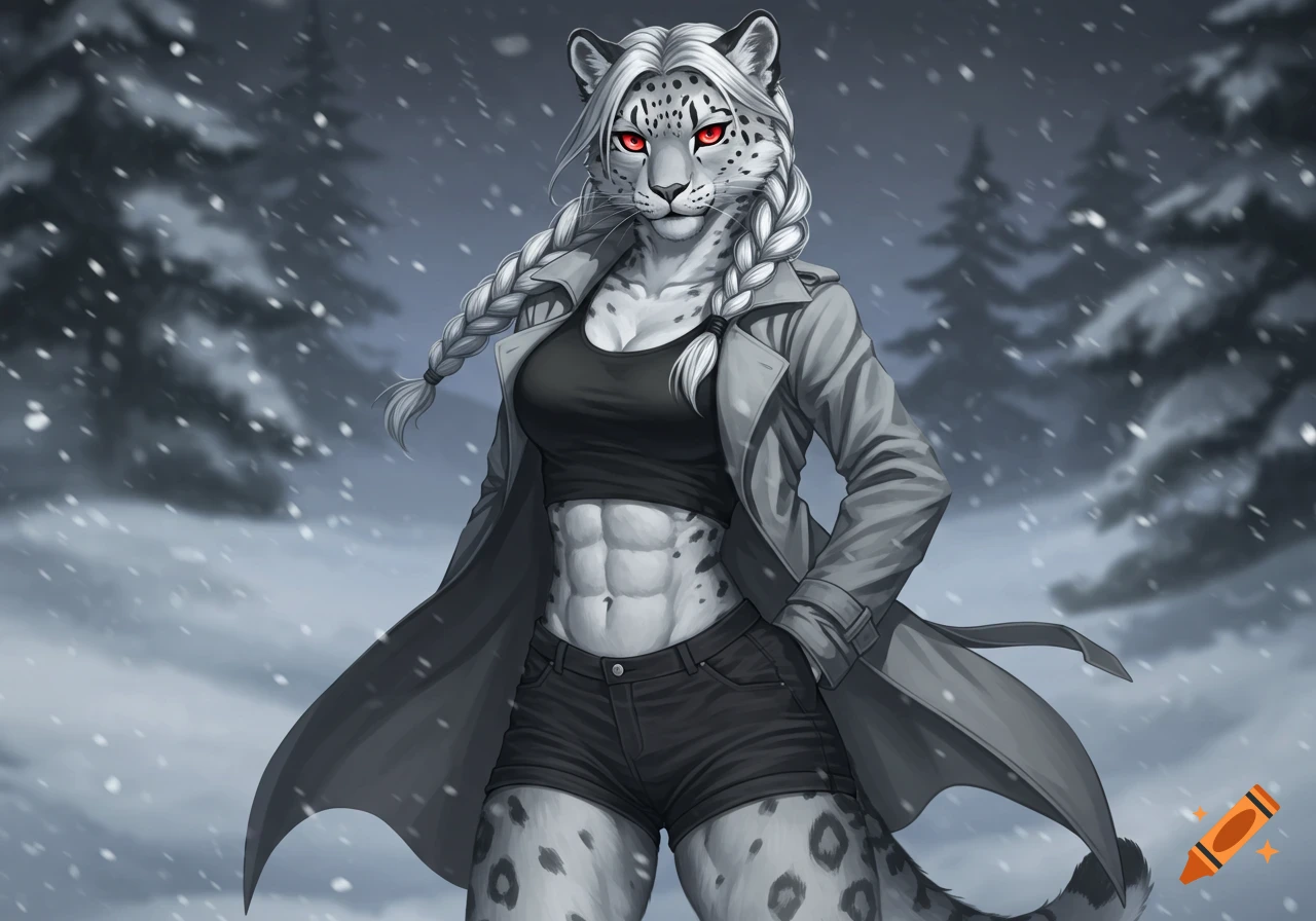 Anthropomorphic snow leopard with red eyes, braided white hair, black tank top, trench coat, and shorts in snowy forest. Digital art.