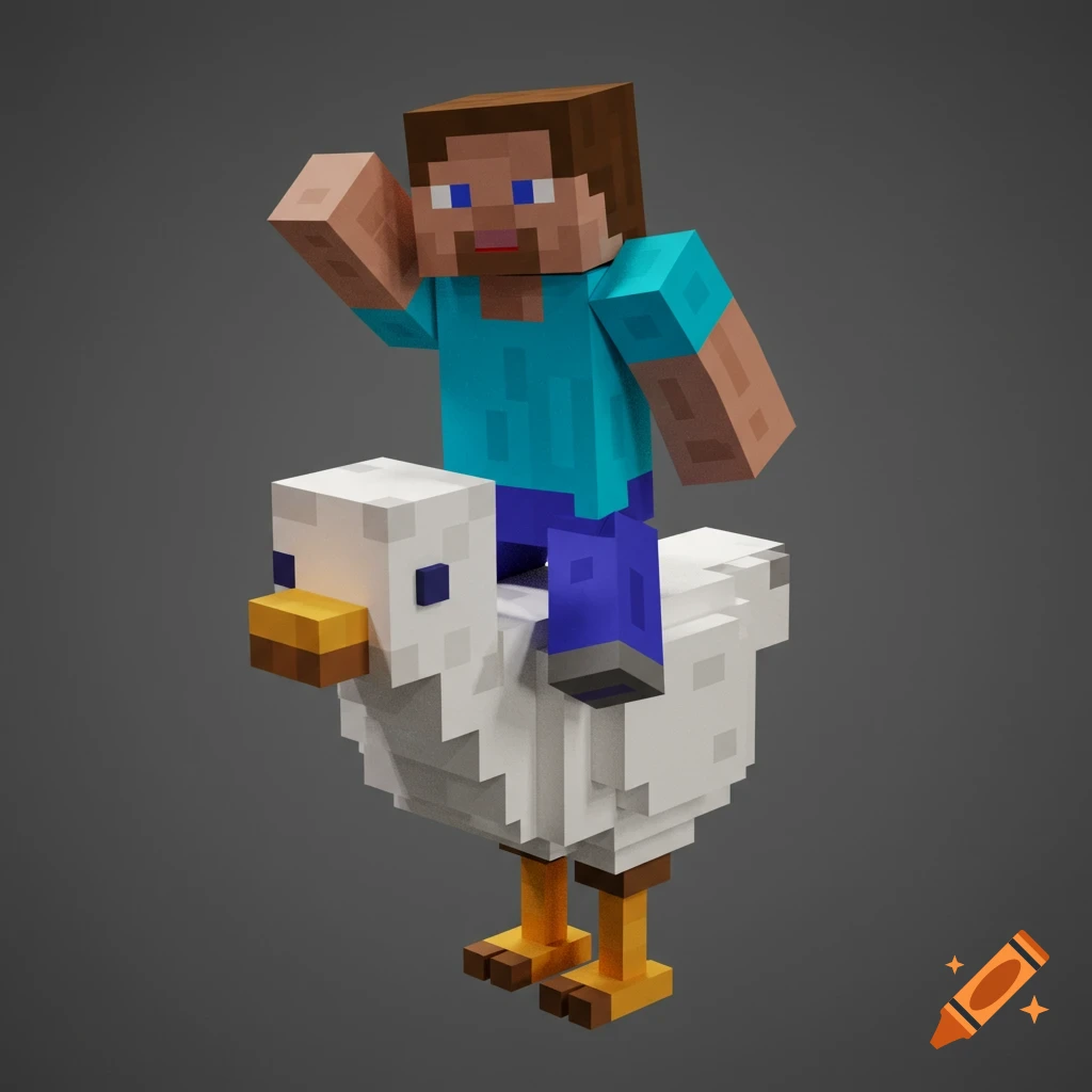 Minecraft Steve character riding a chicken in the game's blocky style, against a plain gray background.