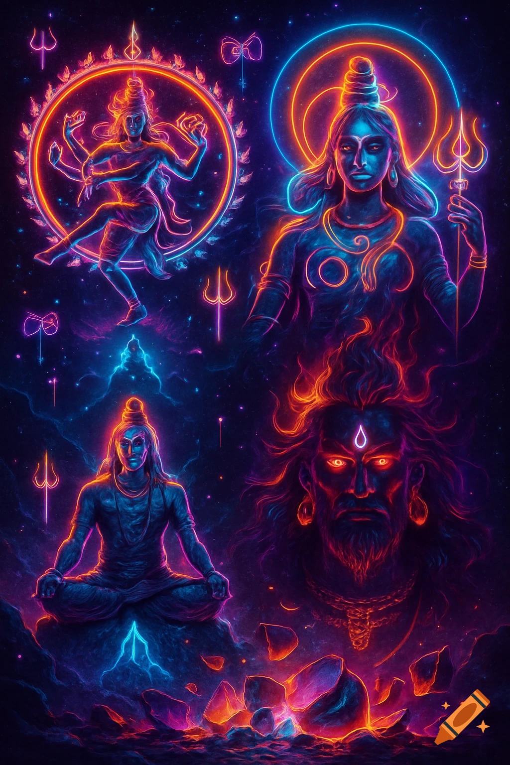 Four neon glowing forms of Lord Shiva – Nataraja, Ardhanarishvara, Mahayogi, and Bhairava – in a vibrant cosmic setting.