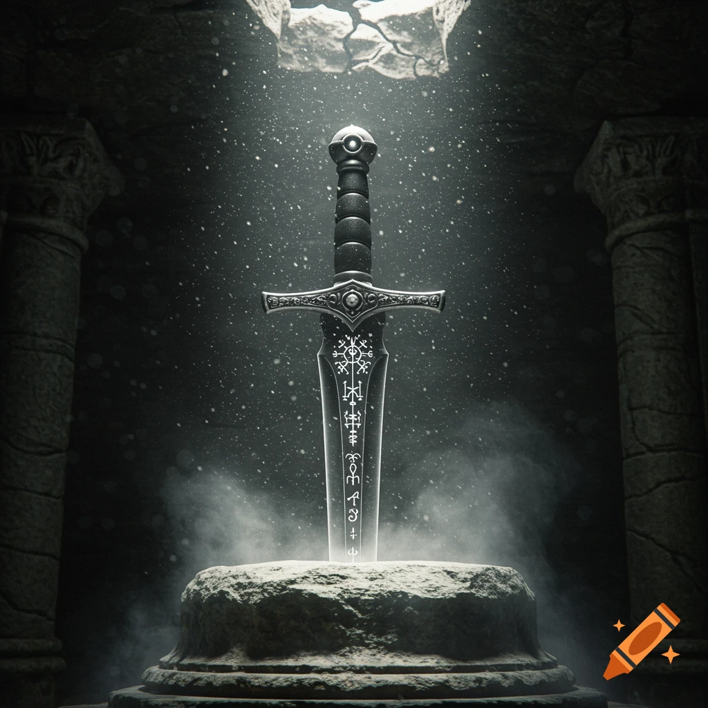A stylized sword with glowing runes embedded in a stone pedestal in a dark, mystical chamber, illuminated by light from above.