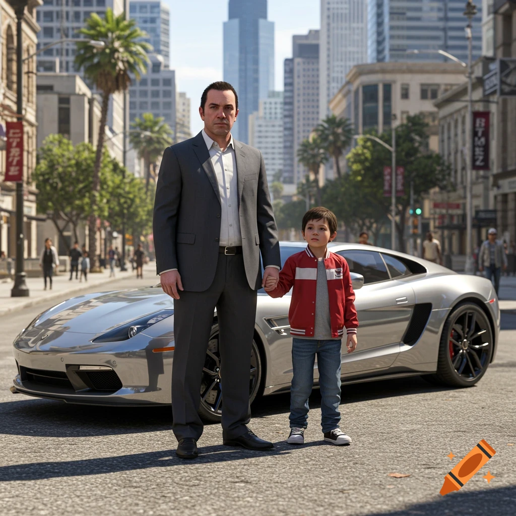A man in a suit holding a boy's hand, standing in front of a silver sports car on a city street, in a realistic game graphic style.