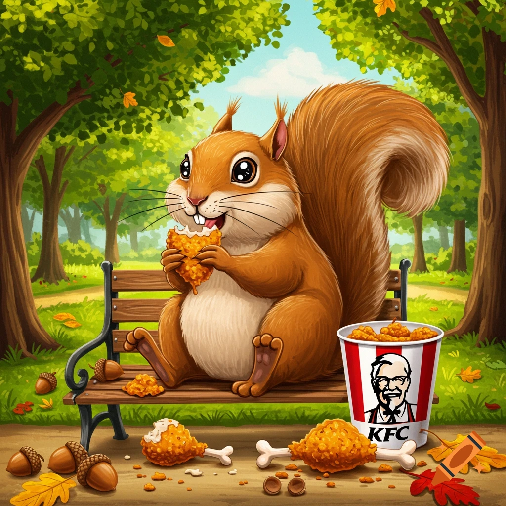 A cartoon squirrel sits on a park bench, happily eating fried chicken with a KFC bucket beside it, in a vibrant park.