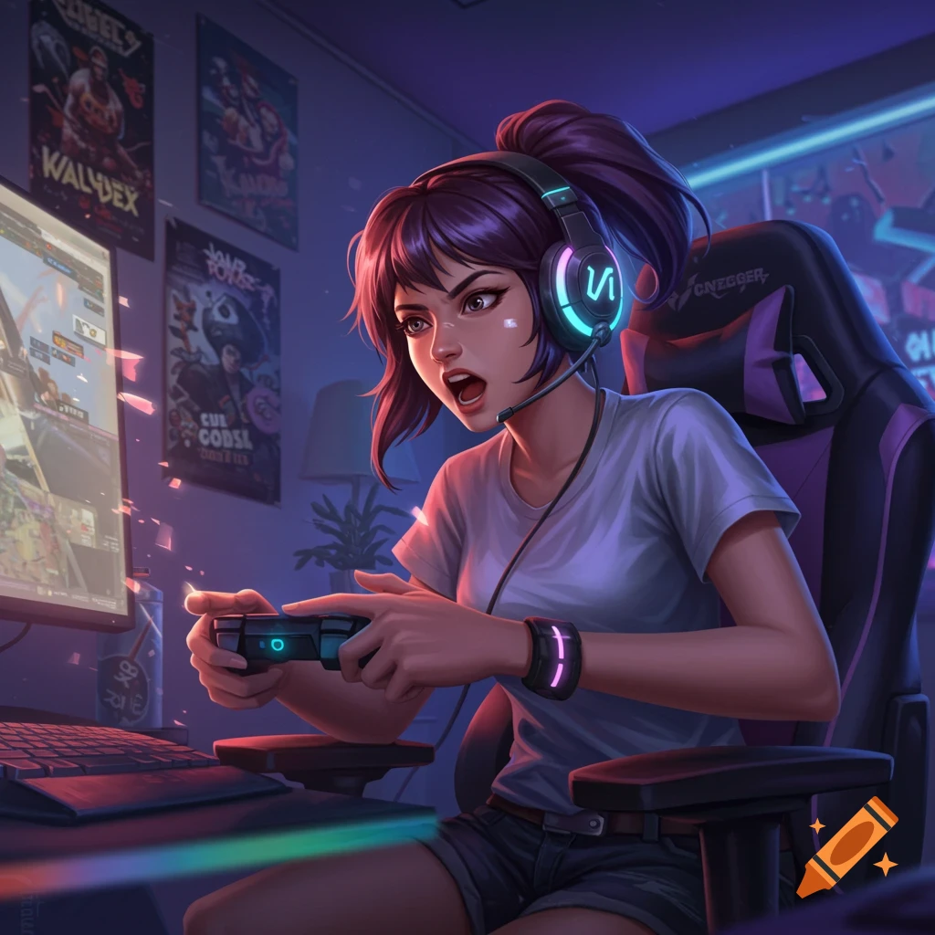 An anime-style illustration of a girl with purple hair and headphones playing video games on a PC in a neon-lit room.