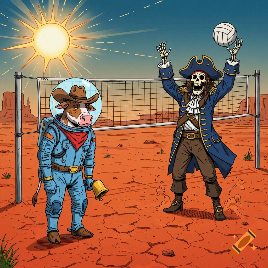 A cow in an astronaut suit and cowboy hat stands disappointed on a red desert volleyball court, while a skeleton pirate celebrates over a volleyball.