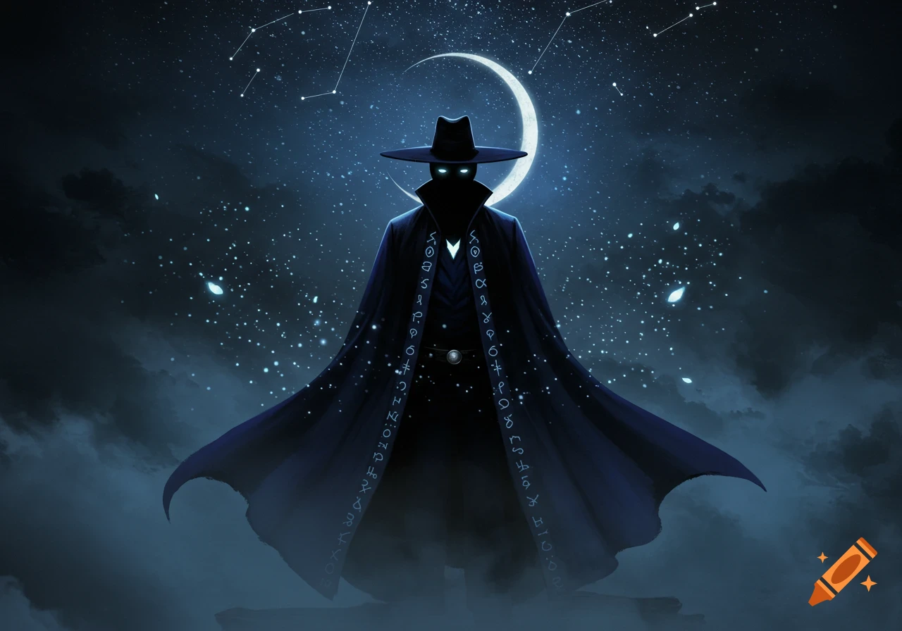 A mysterious figure in a wide-brimmed hat and flowing dark blue cloak with glowing eyes stands against a starry night sky with a large crescent moon.