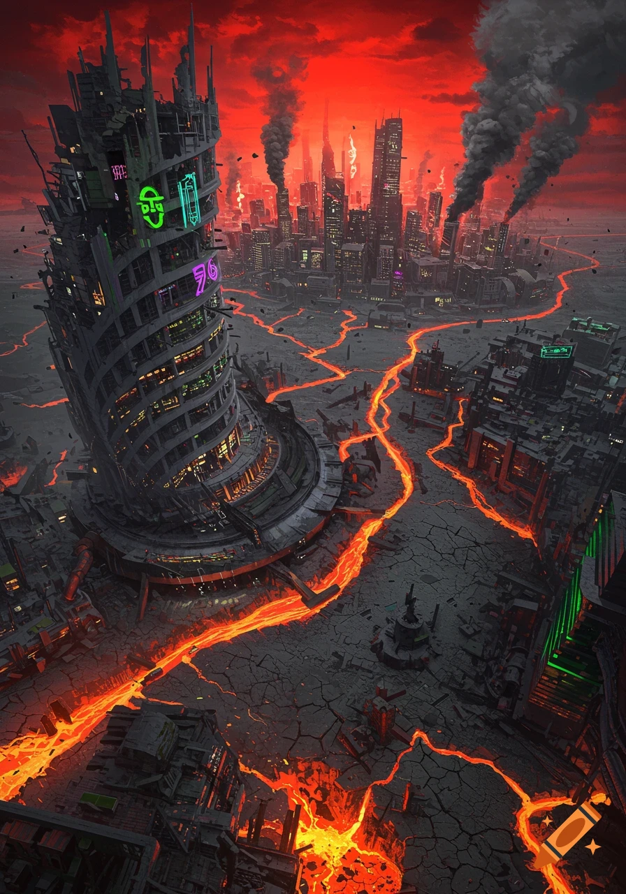 An aerial view of a dystopian cityscape with lava flowing through cracks in the ground and smoke rising into a red sky, featuring a tall, spiraling building with neon signs.