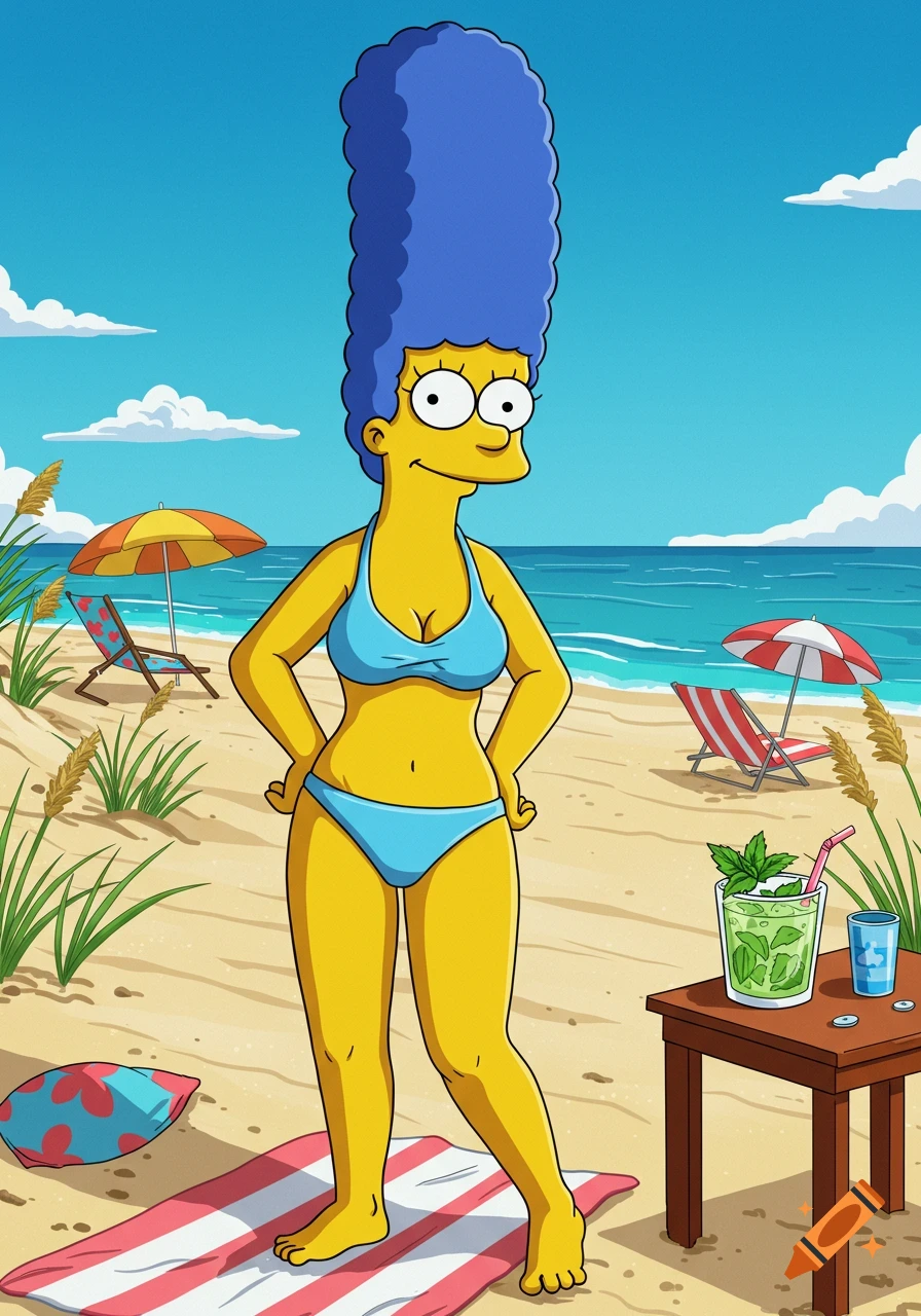Marge Simpson in a blue bikini standing on a sunny beach in a cartoon style.
