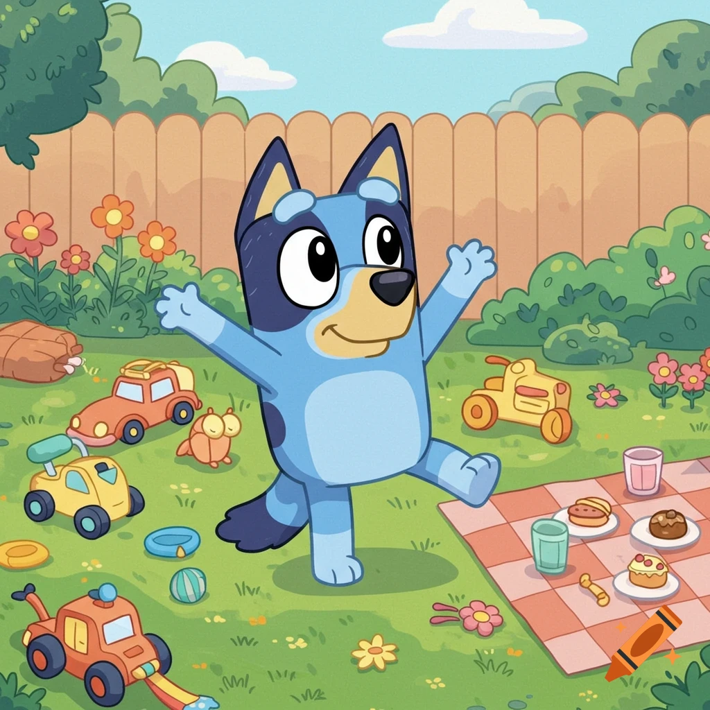 The cartoon character Bluey stands joyfully in a vibrant backyard filled with toys and a picnic spread.