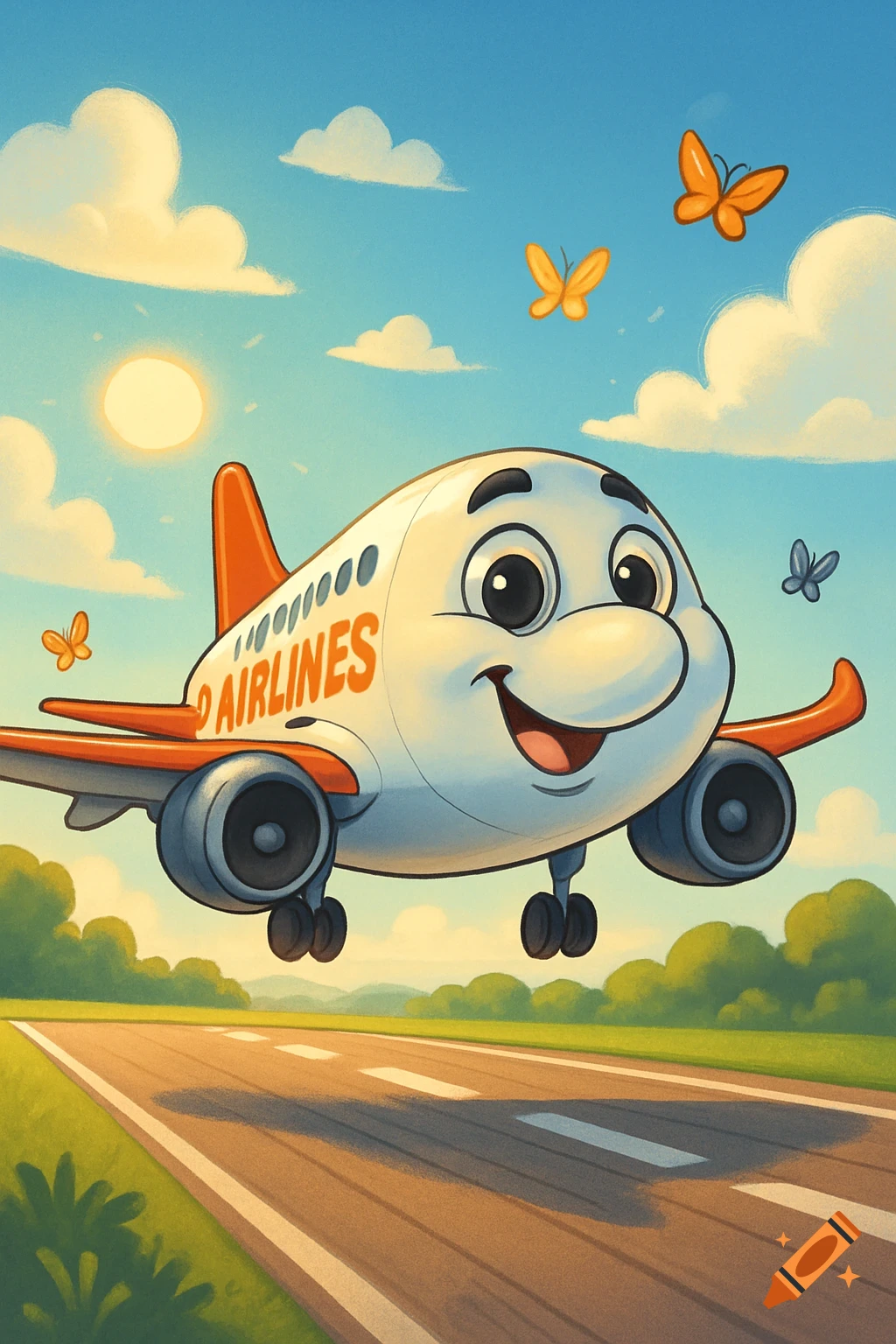 A cute, smiling cartoon airplane lands on a runway under a sunny sky with clouds and butterflies.