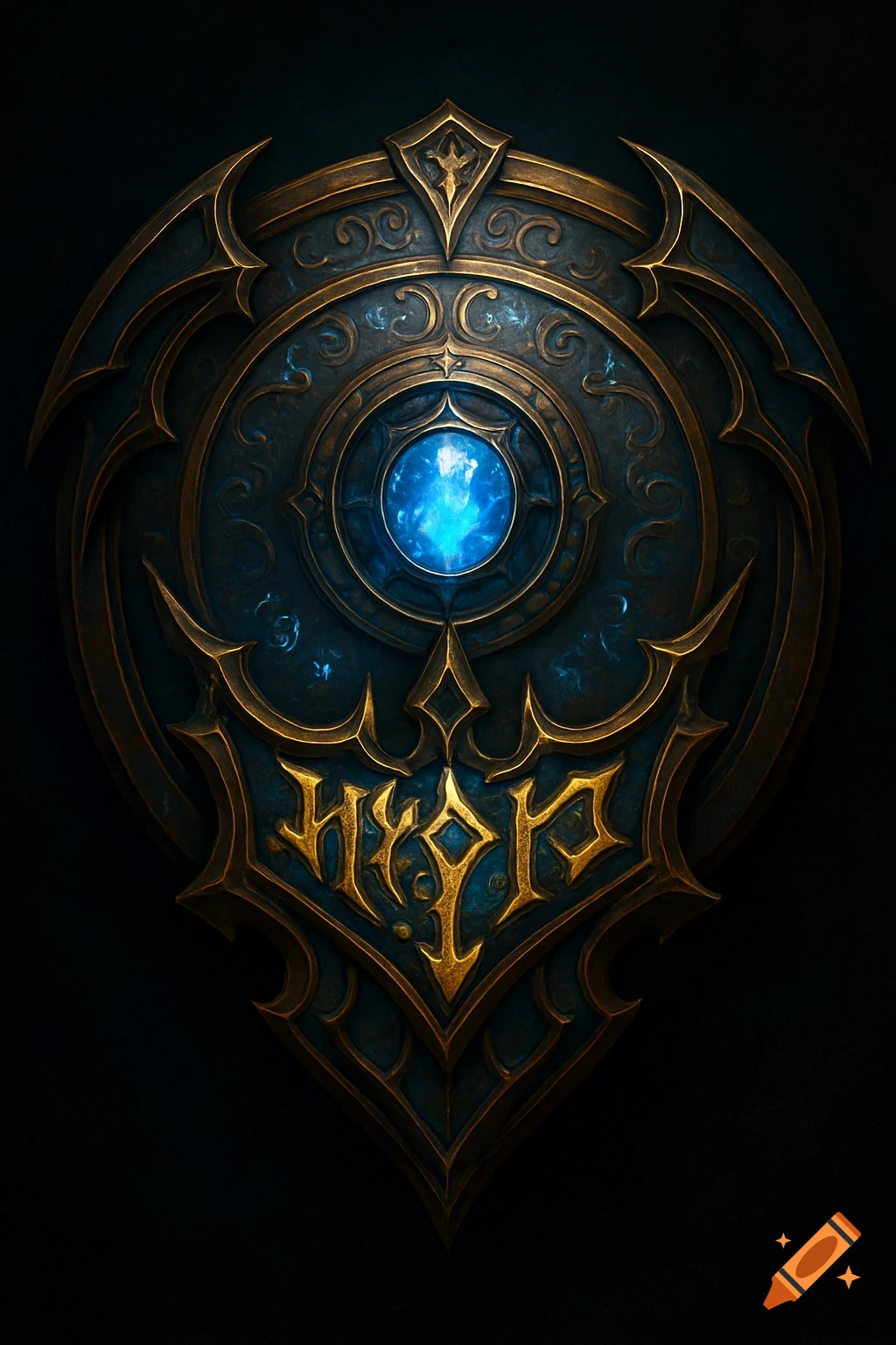 An ornate dark fantasy shield with gold accents and a glowing blue gem in the center, featuring stylized, illegible text.