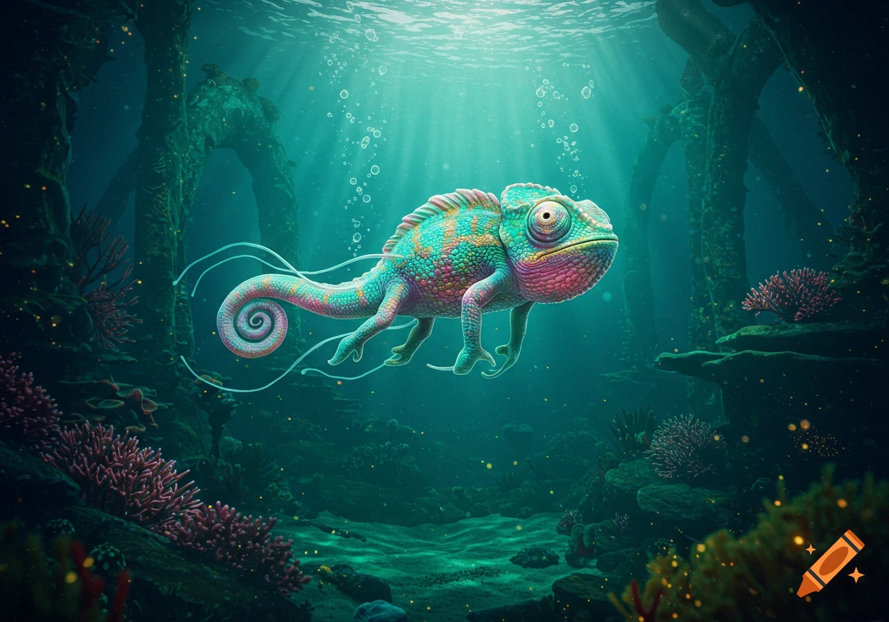 A vibrant, chameleon-like creature with turquoise and pink scales swims in a sunlit underwater world with coral and ancient structures.