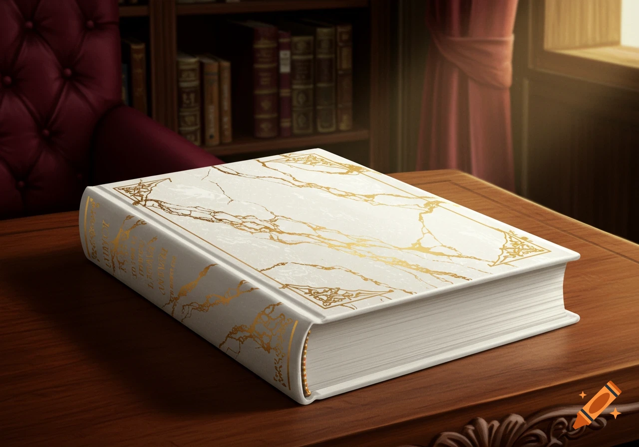 A white book with gold marble patterns rests on a wooden desk in a study, with a red armchair and bookshelves in the background.