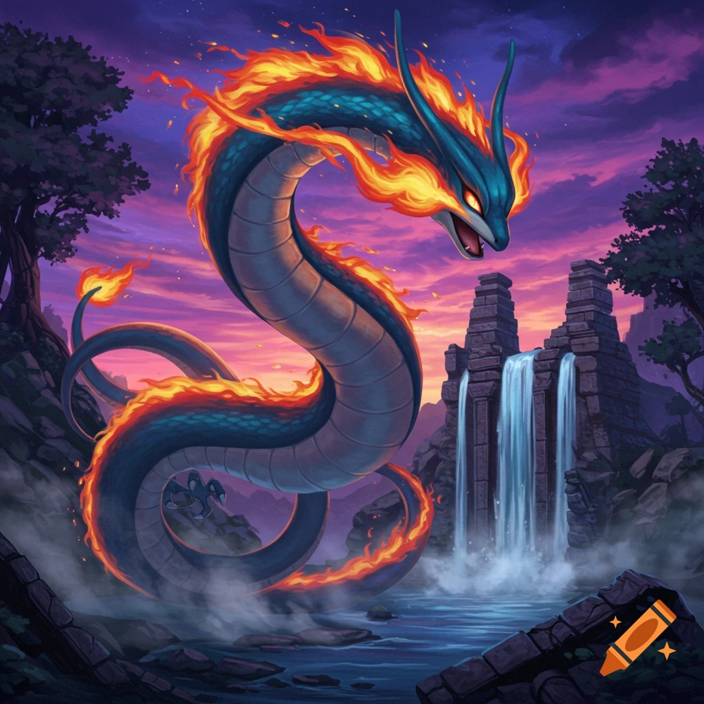 A fiery blue dragon-like Pokémon stands amidst ancient ruins and waterfalls under a vibrant purple and orange sunset sky.