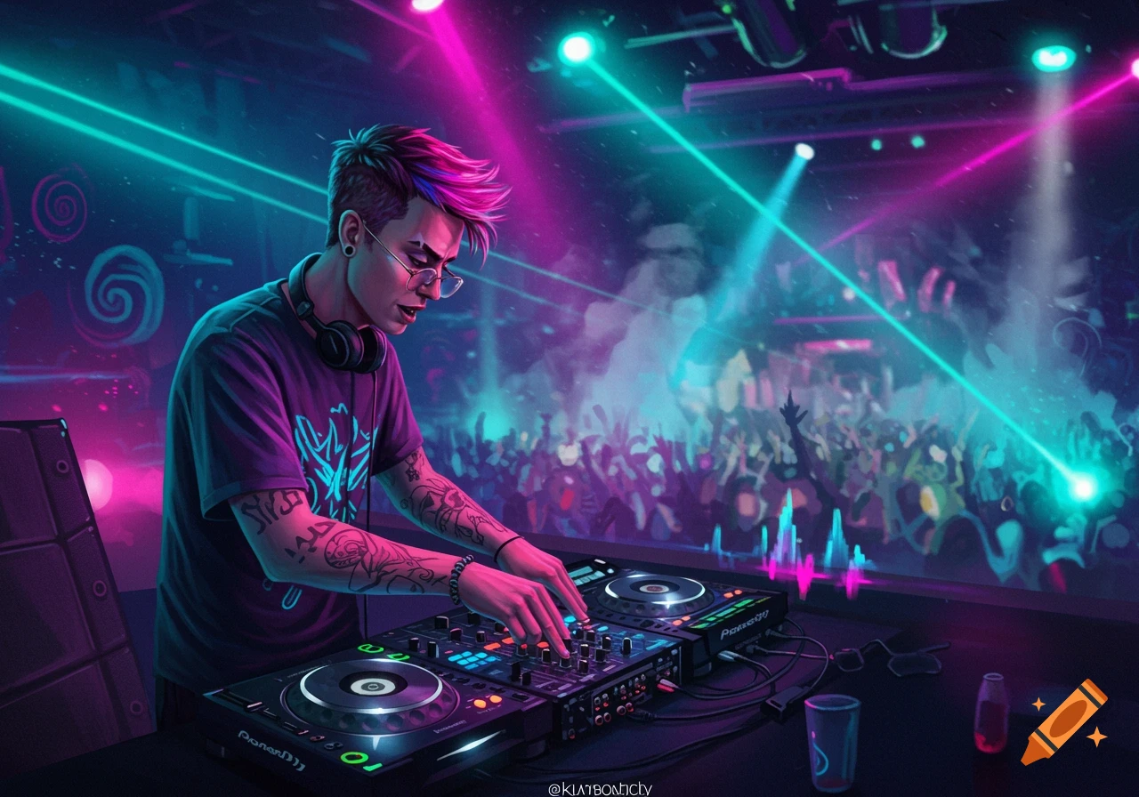 A vibrant digital art illustration of a DJ with colorful hair mixing music at a club with neon lights and a cheering crowd.