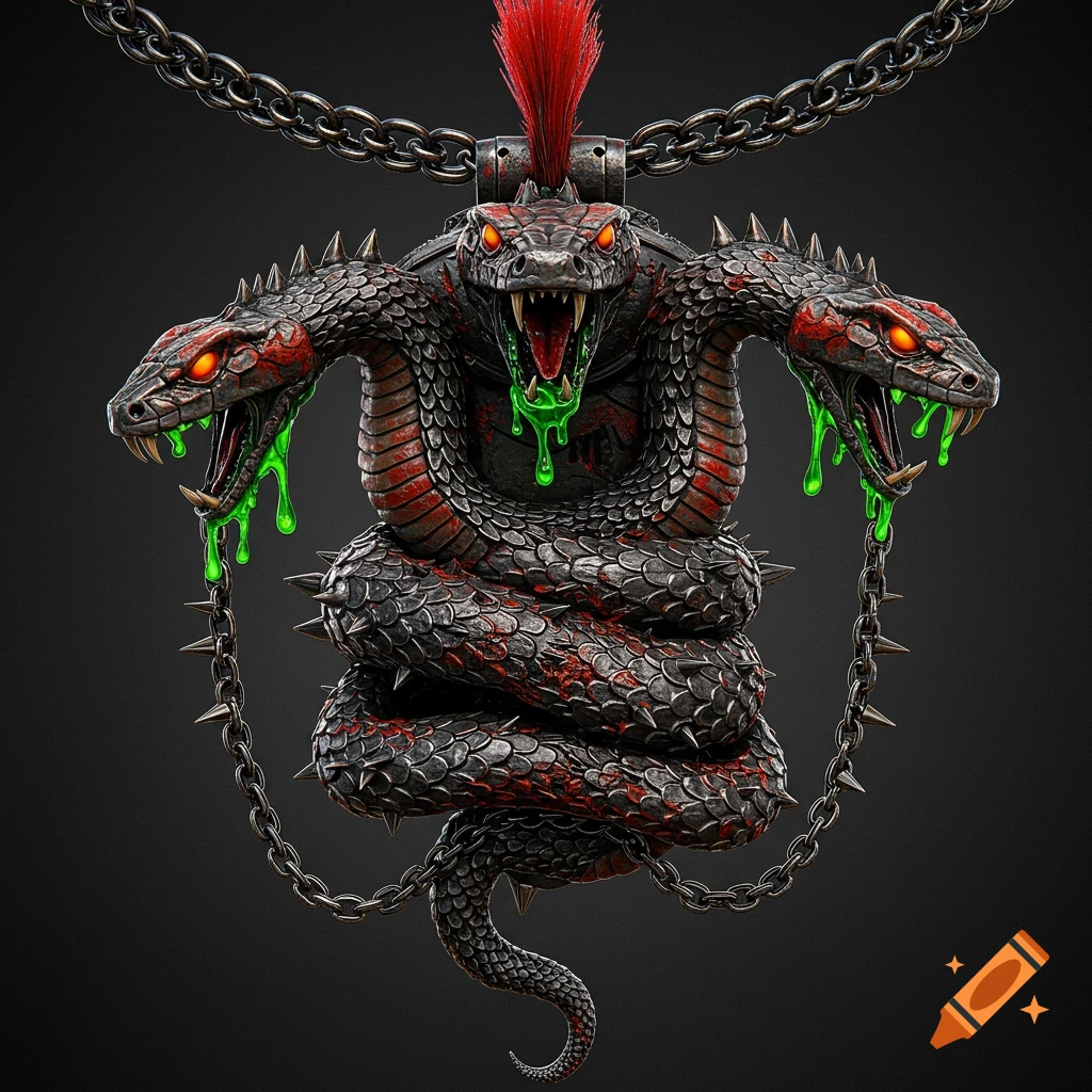 A punk-style three-headed snake pendant with a red mohawk, glowing eyes, and green slime dripping, coiled with chains and spikes.