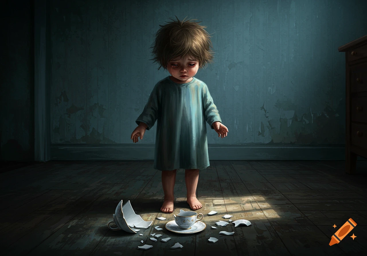 Upset child with messy hair crying, looking at a broken teacup on the floor in a dim, peeling room. Digital painting.