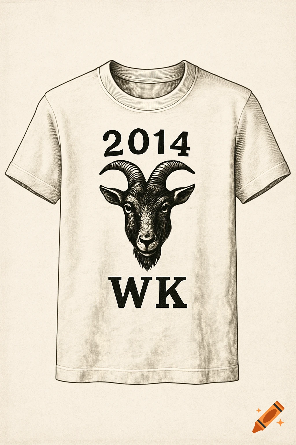 A classic white t-shirt with a black goat head illustration in the center, with "2014" written above and "WK" below, in a vintage, realistic style.