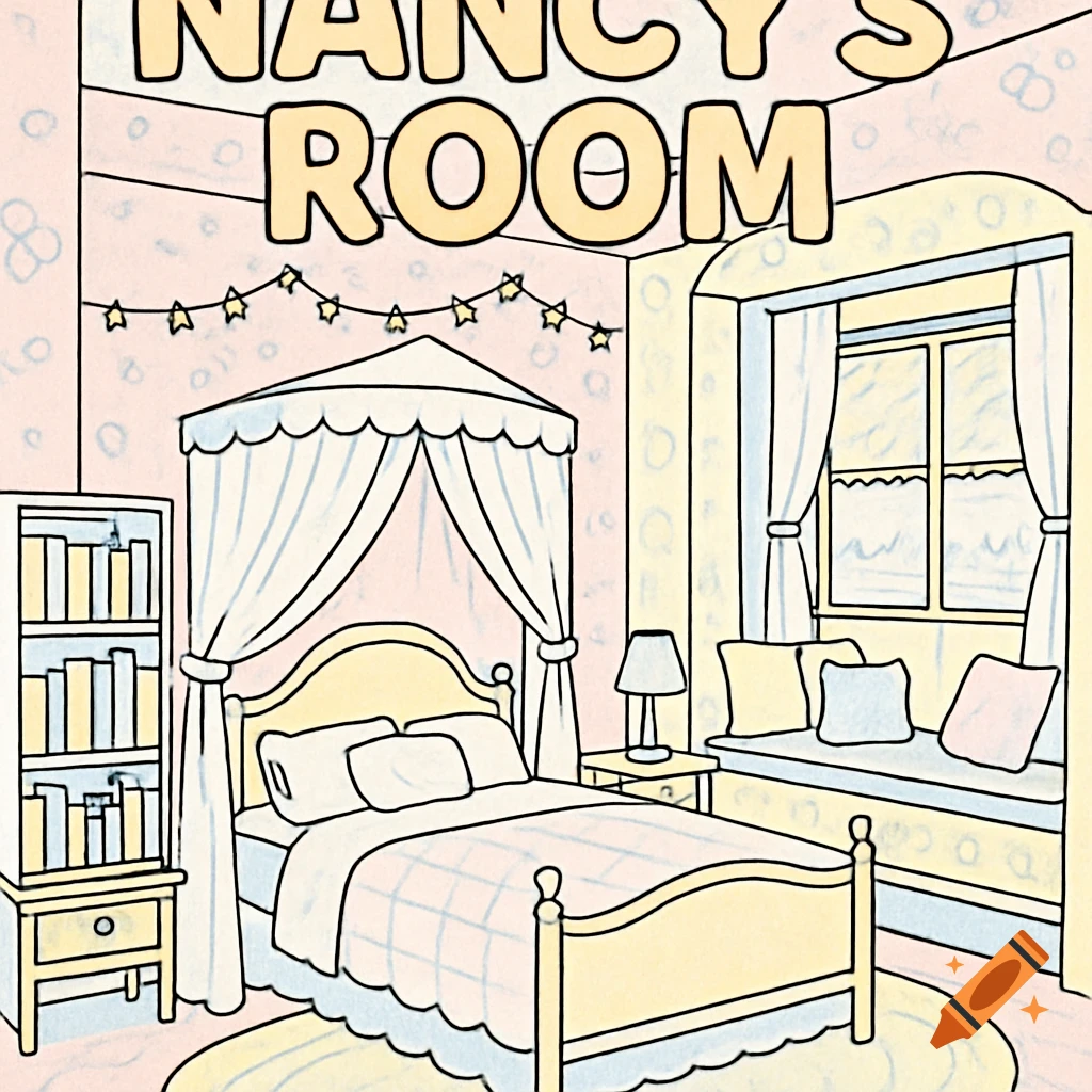 A child's bedroom in a coloring book style, featuring a four-poster bed, bookcase, and window seat. Text reads 'NANCY'S ROOM'.