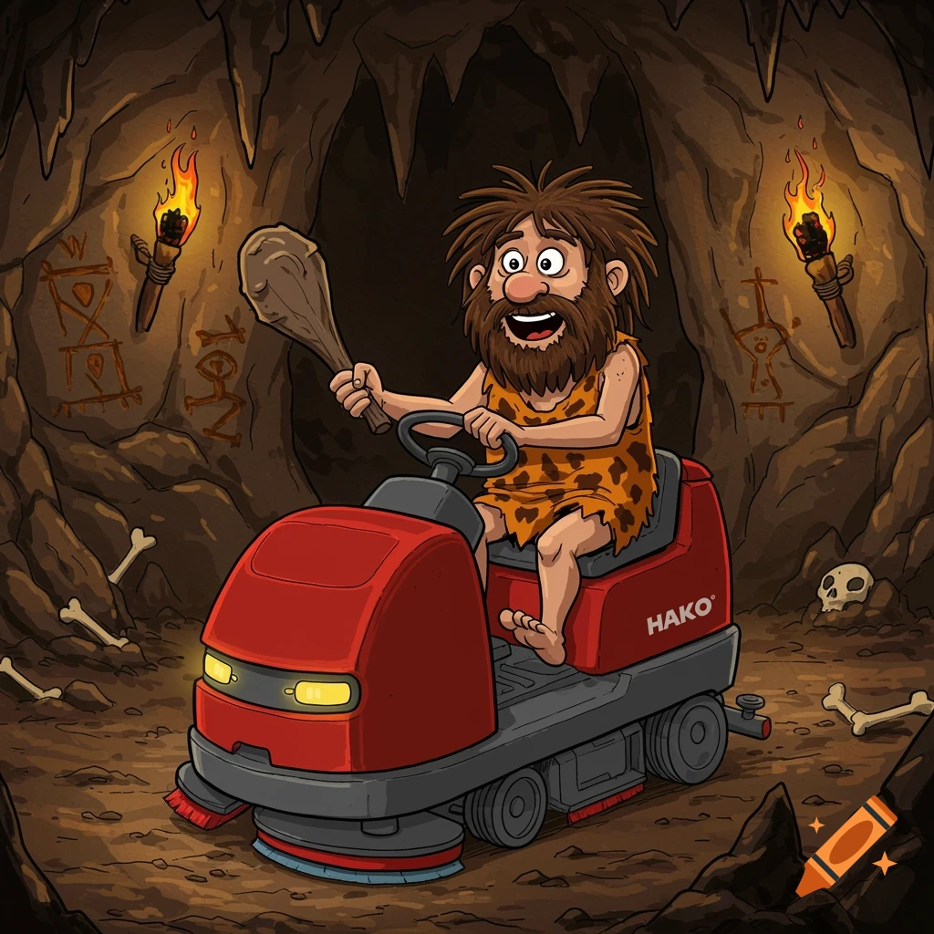 Cartoon caveman riding a red Hako floor scrubber dryer in a prehistoric cave.