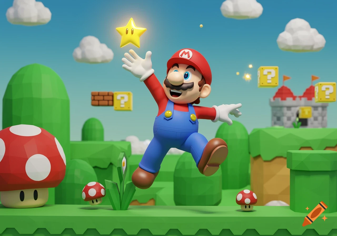 Mario jumps reaching for a star in a vibrant 3D Super Mario Bros. world with green hills, clouds, and question blocks.