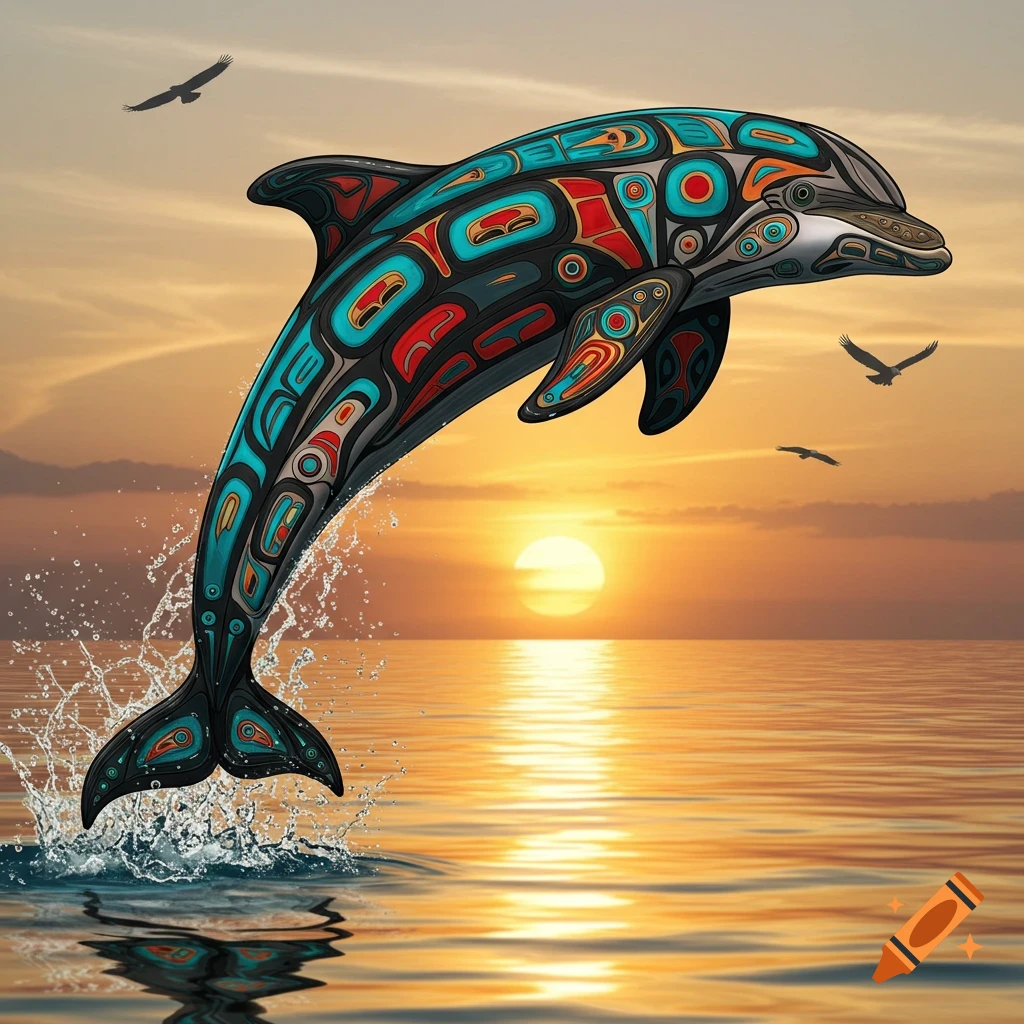 A dolphin adorned in colorful Native American art patterns leaps from the ocean at sunset, with birds flying in the sky.