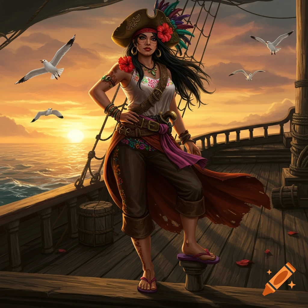 A female pirate in a hat and colorful outfit stands on a ship deck at sunset with seagulls flying.