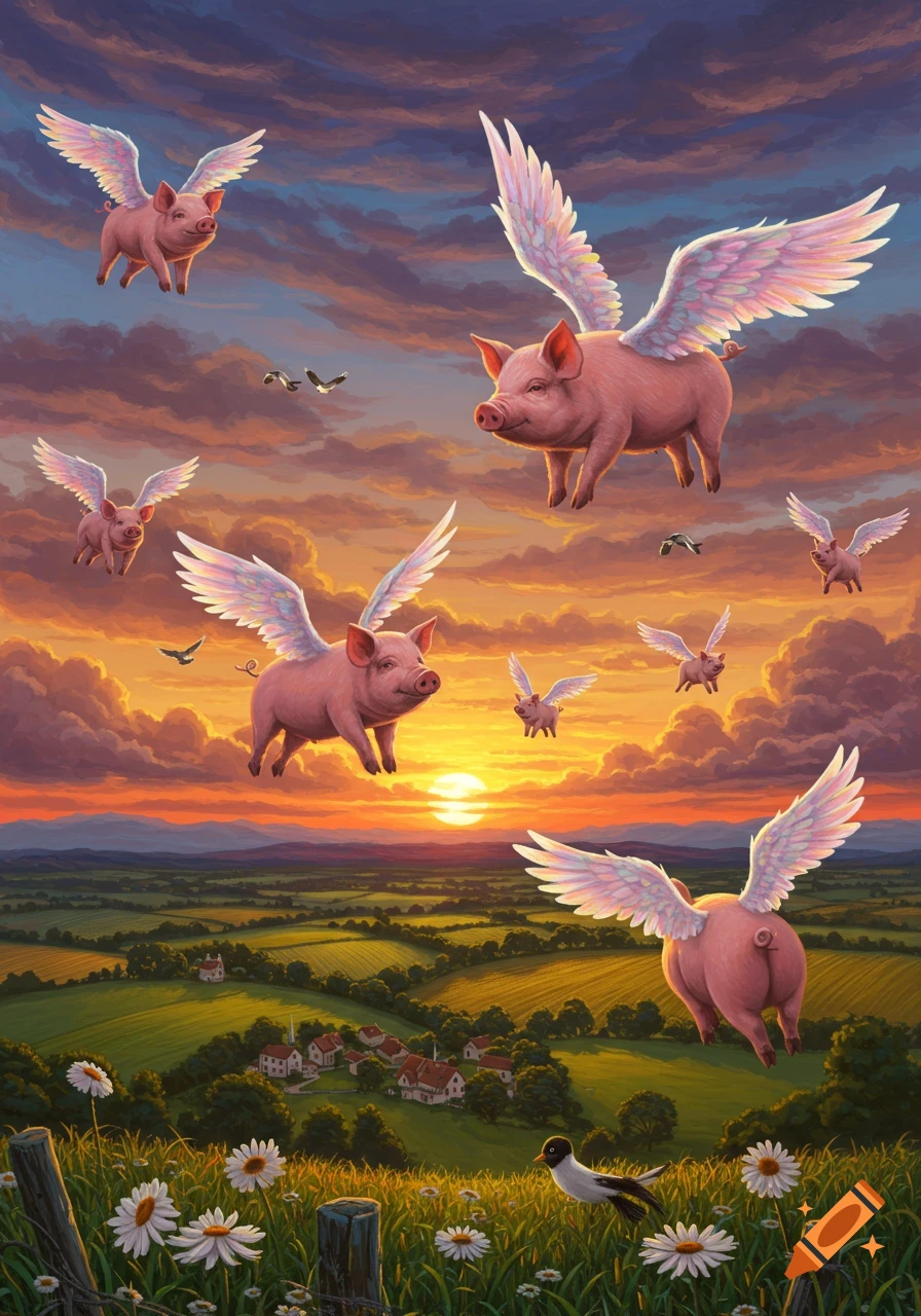 Pink pigs with white wings fly across a vibrant sunset sky over a lush green countryside.