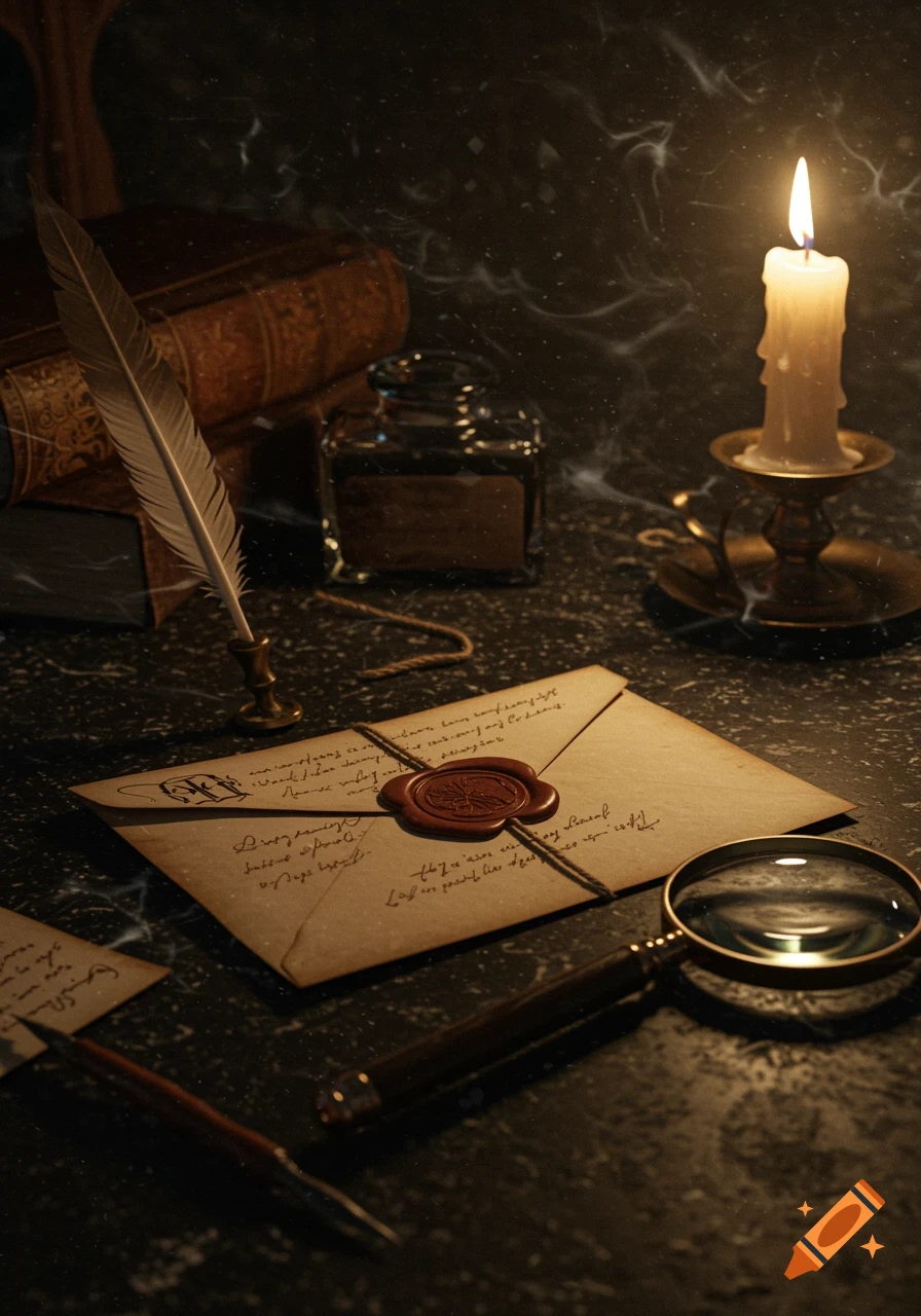 A dimly lit still life featuring an antique quill, an inkwell, a wax-sealed letter, a magnifying glass, and old books on a dark table.