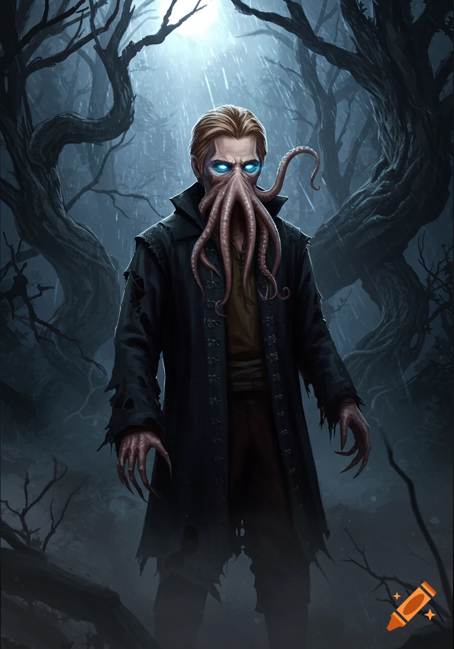 A man with glowing blue eyes and tentacles for a mouth, wearing a tattered coat, stands in a dark, misty forest.