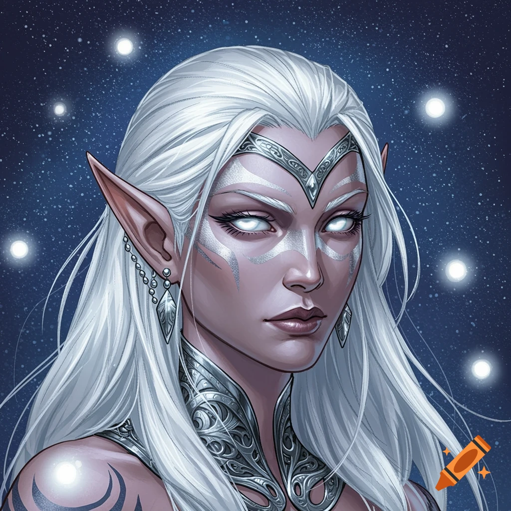 A close-up of a white-haired elf woman with glowing eyes and silver markings, against a starry night sky, in a comic art style.