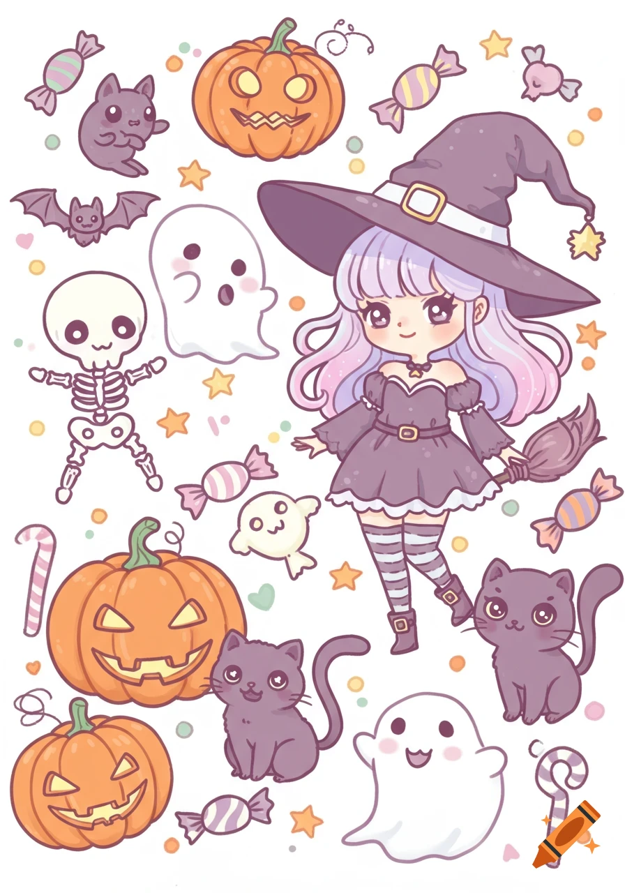 Kawaii Halloween clip art featuring a pastel witch, smiling pumpkins, black cats, ghosts, skeletons, bats, and candies in vector style.