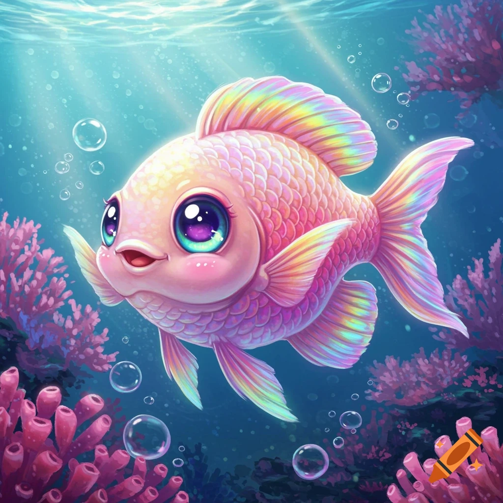 A cute, rainbow-colored kawaii fish swims in vibrant water among pink coral and bubbles.