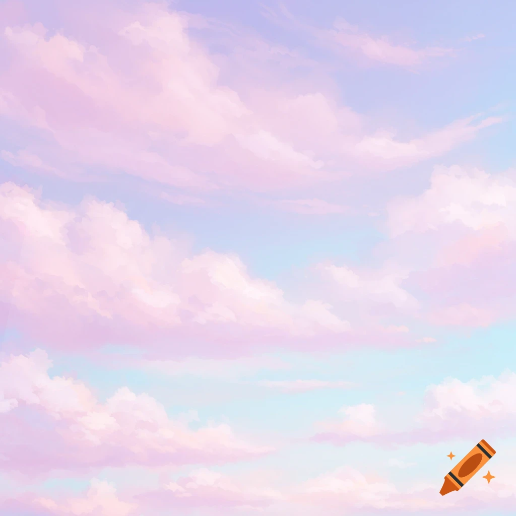 A soft pastel sky with fluffy pink and lavender clouds against a light blue background.