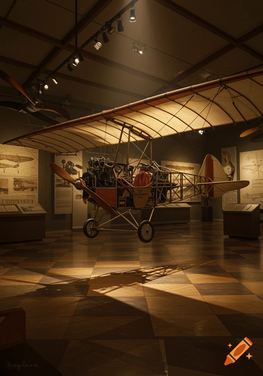 A vintage biplane with a large propeller hangs suspended in a dimly lit museum hall with a checkered wooden floor. Spotlights illuminate the aircraft from above, casting long shadows.