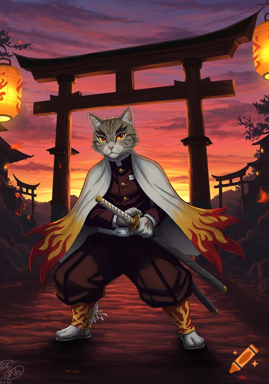A tabby cat dressed as Rengoku from Demon Slayer, standing in front of a torii gate at sunset, holding a katana.