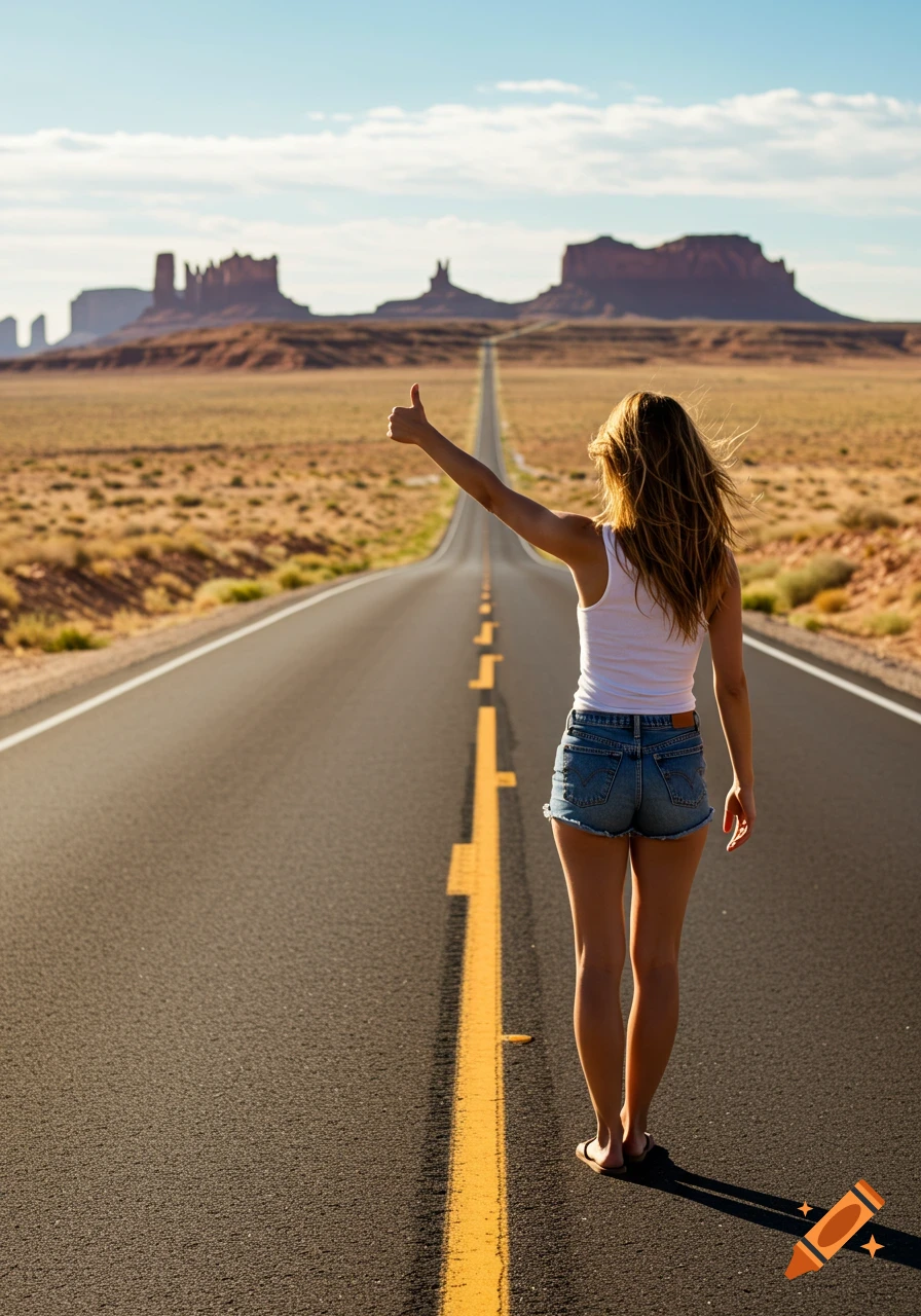 A woman in a tank top and shorts with her thumb out, hitchhiking on a long desert road under a clear sky with mesas in the distance.