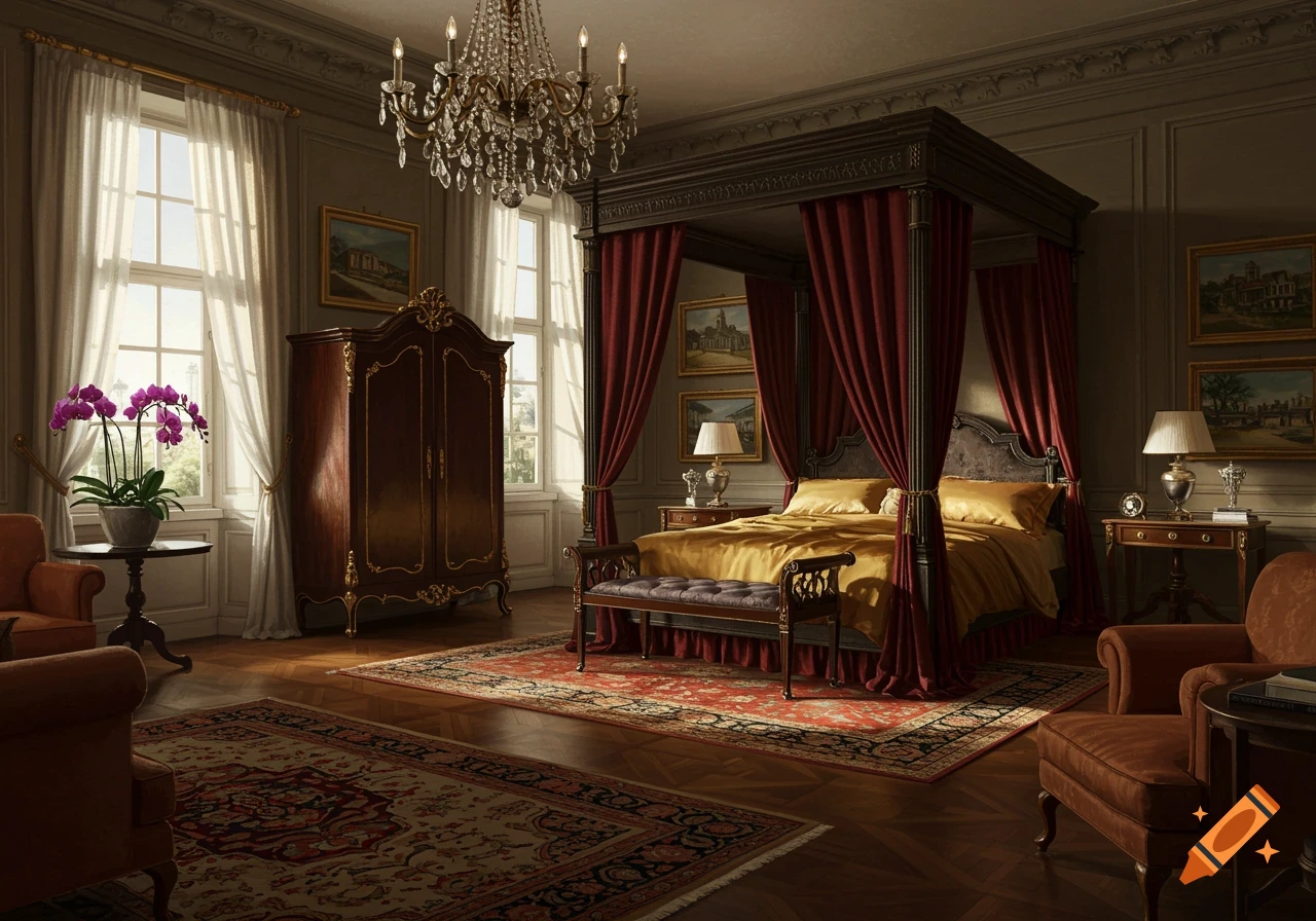 A lavish bedroom with a four-poster bed, ornate furniture, chandeliers, and large windows.