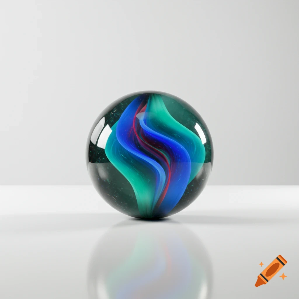 A glossy cat's eye marble with vibrant blue, green, and red swirls inside, resting on a reflective white surface against a bright white background.