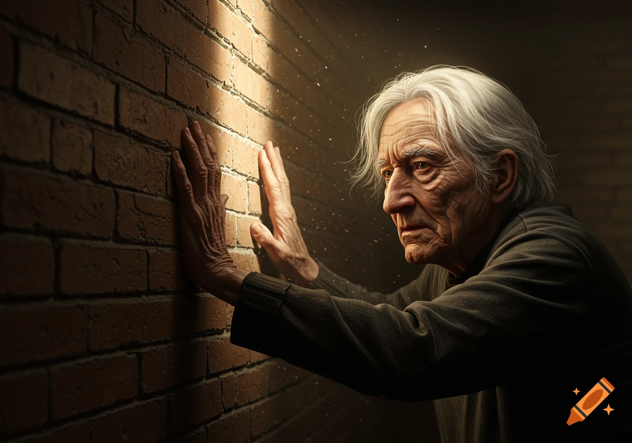 An elderly person with white hair and wrinkled hands presses against a brick wall, illuminated by a dramatic beam of light.