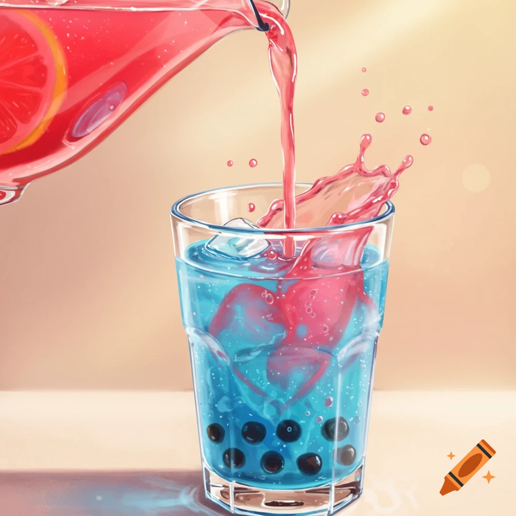 Illustrated pink lemonade pouring from a pitcher into a glass of blue boba tea, creating a splash.