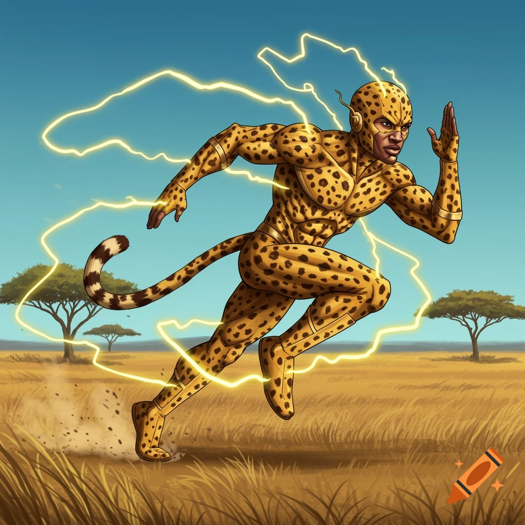 A powerful superhero in a spotted cheetah suit with lightning trails runs through a dry African savanna.