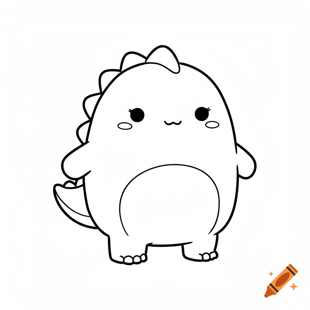 A cute, simple, black and white line art drawing of a round, cartoon dinosaur character with small eyes, a wavy mouth, and small paws.