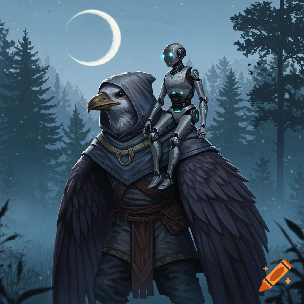 A hooded humanoid bird with a robot sitting on its back, standing in a dark forest under a crescent moon, digital painting.