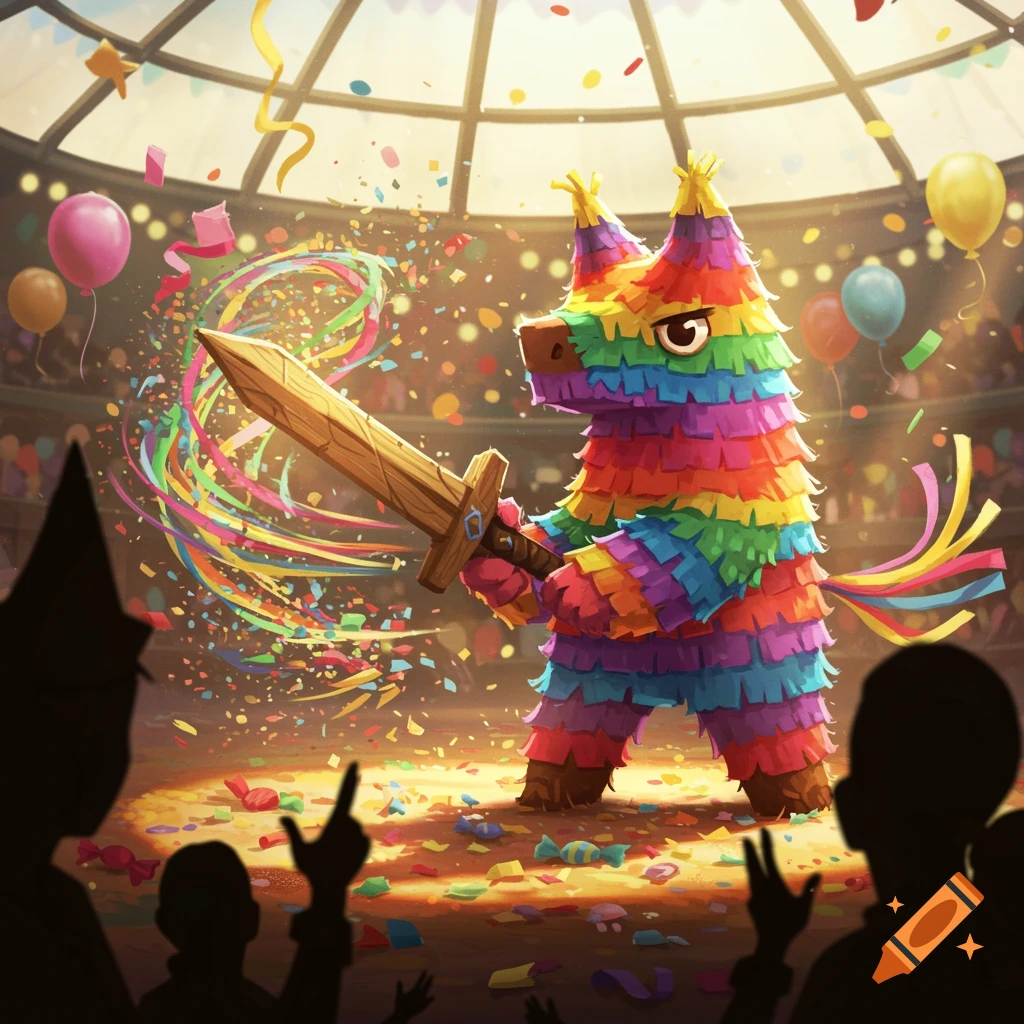 A colorful, rainbow piñata character wielding a wooden sword stands in a festive arena filled with confetti and balloons, watched by silhouetted onlookers.